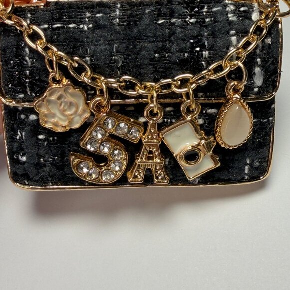 Fashion Jewelry Tweed Purse Keychain Gold Bag Charm Bling Paris Eiffel Tower - Picture 4 of 6